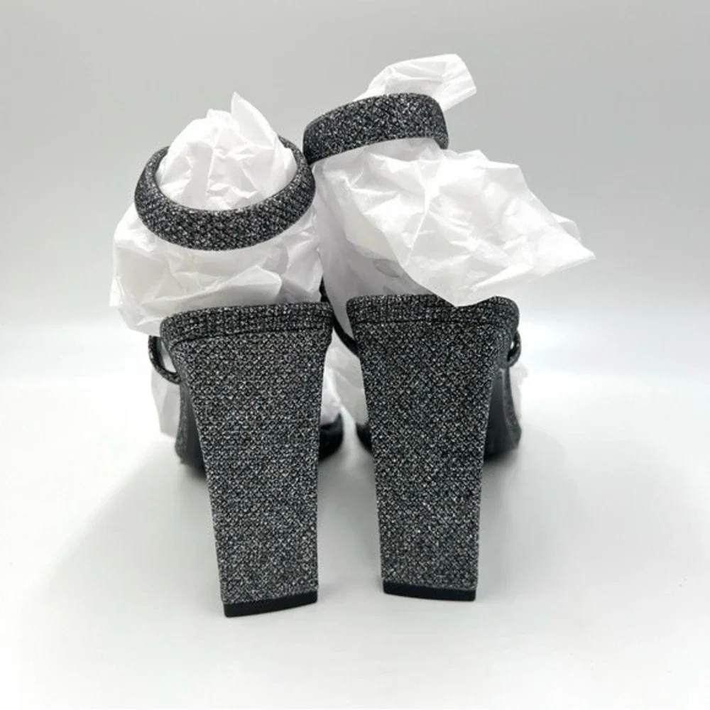 Nine West Size 6.5 Black Silver Sparkly‎ Square Toe Dress Sandals Heels Shoes